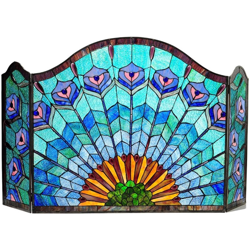 CHLOE Regal Eudora Tiffany-glass 3pcs Folding Peacock Fireplace Screen 48