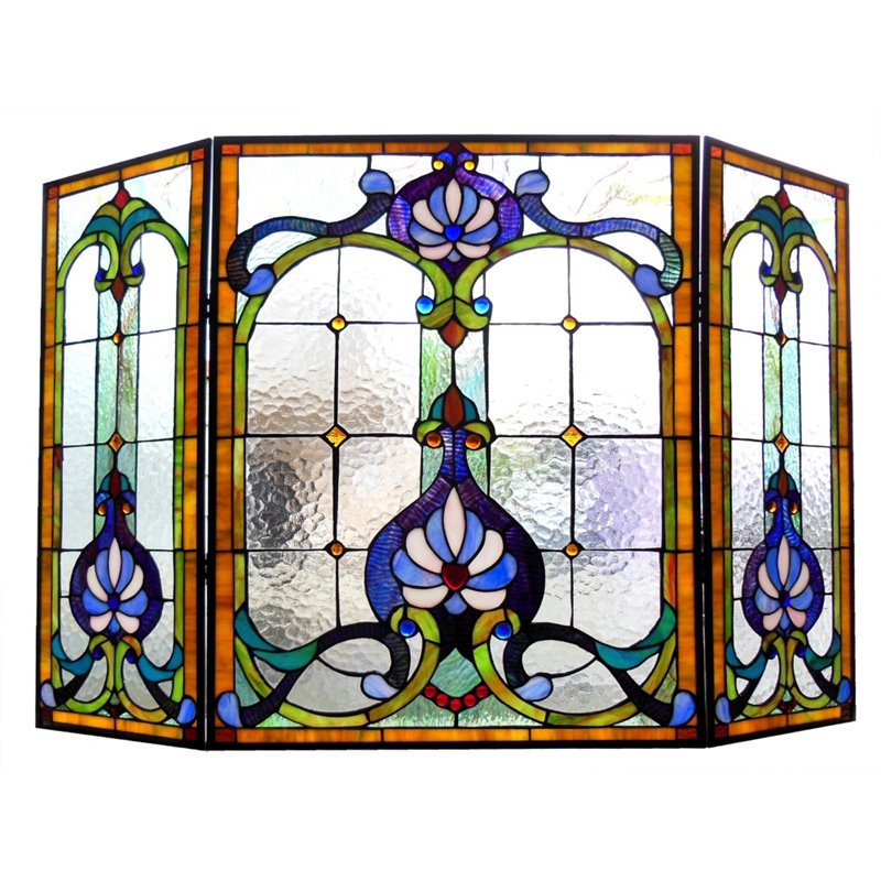 CHLOE Tiffany-glass 3pcs Folding Victorian Fireplace Screen 44