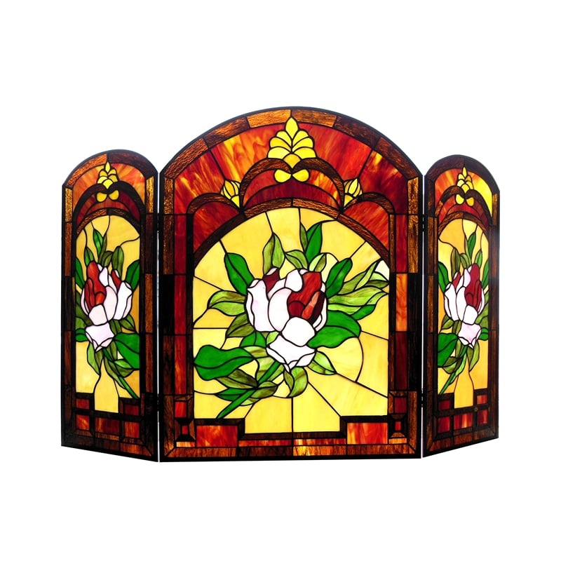 CHLOE Iggy Tiffany-glass Floral Design 3pcs Folding Fireplace Screen 42