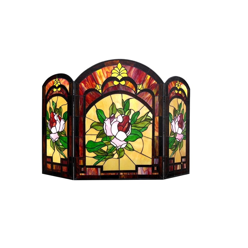 CHLOE Iggy Tiffany-glass Floral Design 3pcs Folding Fireplace Screen 42