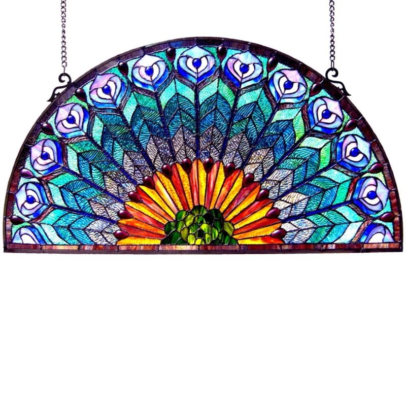 CHLOE Regal Eudora Tiffany-style Peacock Feather Glass Window Panel 35x18