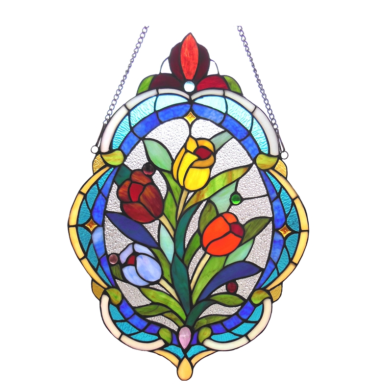 CHLOE Kelda Tiffany-glass Tulip Window Panel 15.5x22.5