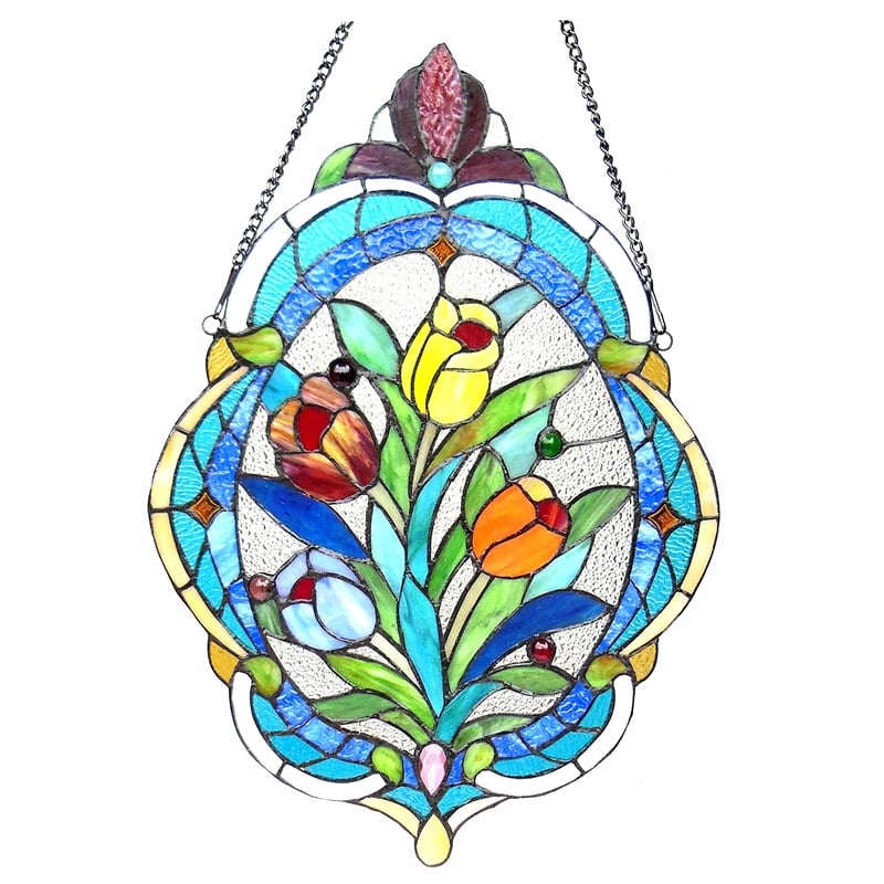 CHLOE Kelda Tiffany-glass Tulip Window Panel 15.5x22.5