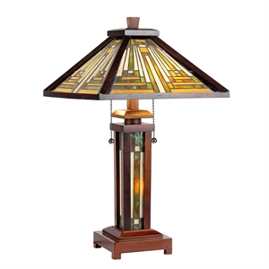 CHLOE Innes Tiffany 3 Light Mission Double Lit Wooden Table Lamp 15&quot Shade