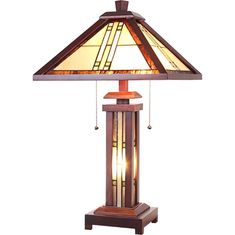 CHLOE Earle Tiffany-style Mission 3 Light Double Lit Wooden Table Lamp 15
