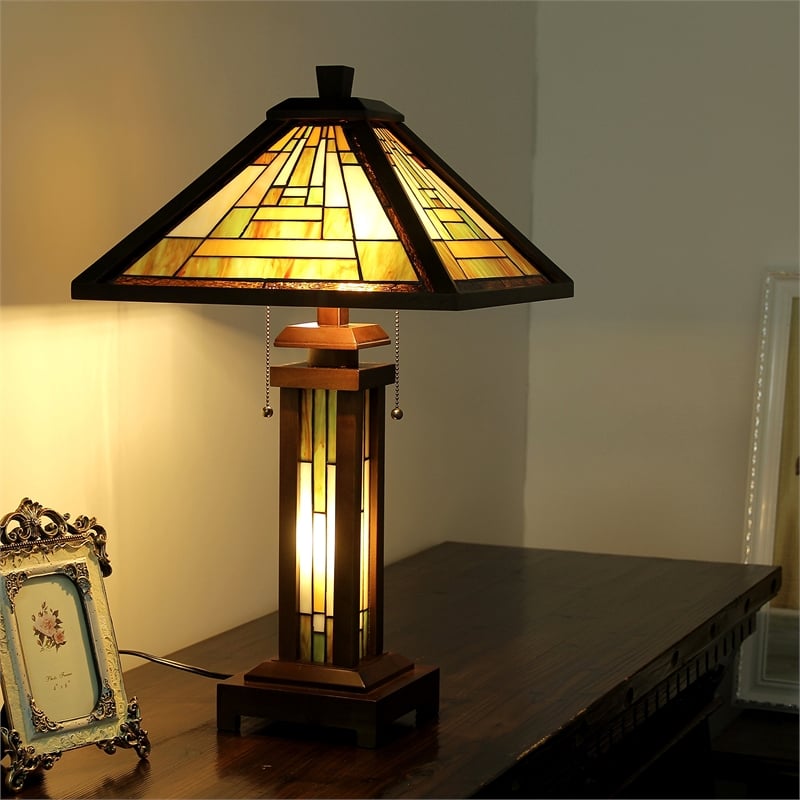 CHLOE Gawain Tiffany Mission 3 Light Double Lit Wooden Table Lamp 15