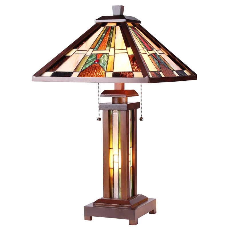 CHLOE Percival Tiffany Mission 3 Light Double Lit Wooden Table Lamp 15