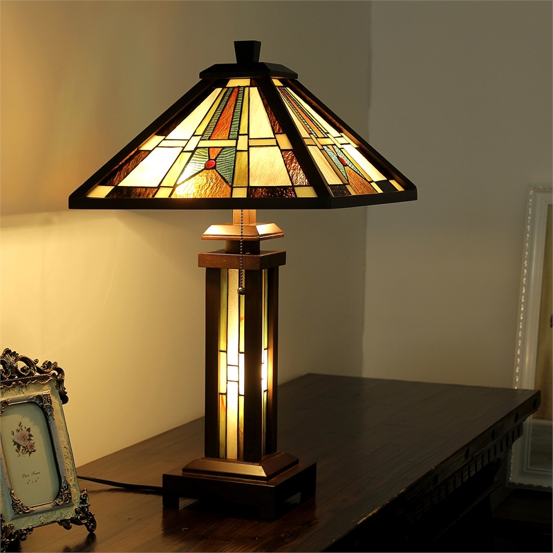 CHLOE Percival Tiffany Mission 3 Light Double Lit Wooden Table Lamp 15
