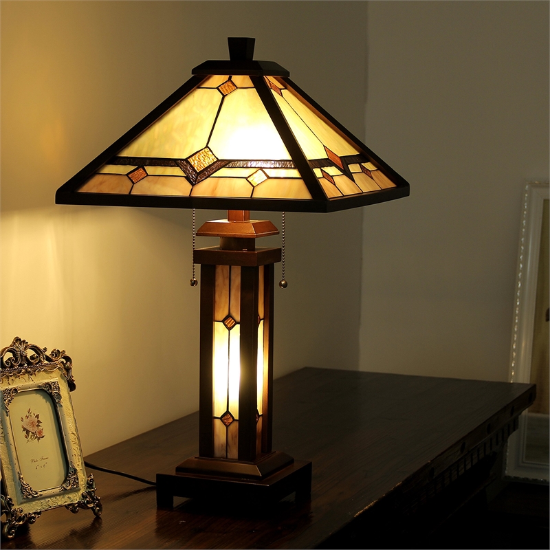CHLOE Kay Tiffany-style Mission 3 Light Double Lit Wooden Table Lamp 15