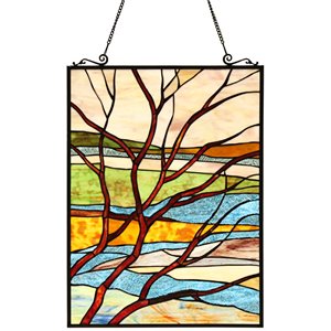 CHLOE Dawn Tiffany-Style Landscape Stained Glass Window Panel 24&quot Height