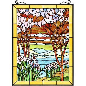 CHLOE Spring Valley Tiffany Landscape Stained Glass Window Panel 25&quot Height