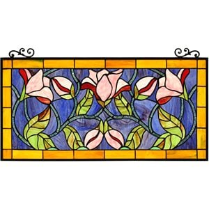 CHLOE Oriental Tiffany-Style Floral Stained Glass Window Panel 34&quot Wide
