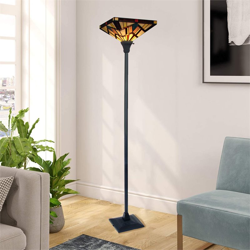 Chloe Lighting Mission 1-Light Glass Resin Vincent Torchiere Lamp in Dark Bronze