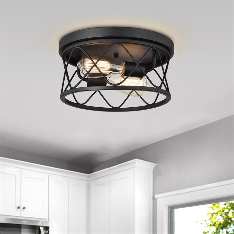 Chloe Lighting Ironclad 2-Light Metal Ceiling Flush Fixture in Textured Black