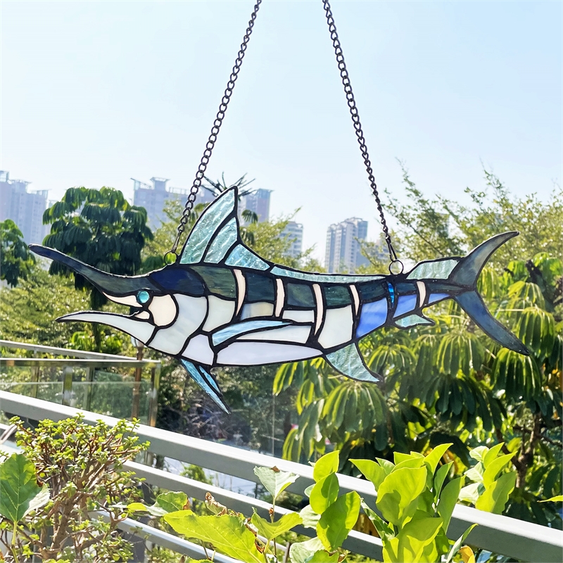 Chloe Lighting Animal Swordfish Design Glass & Metal Window Panel in Blue
