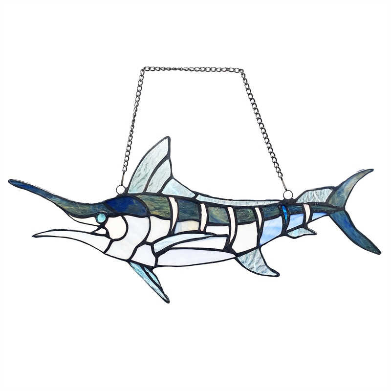 Chloe Lighting Animal Swordfish Design Glass & Metal Window Panel in Blue