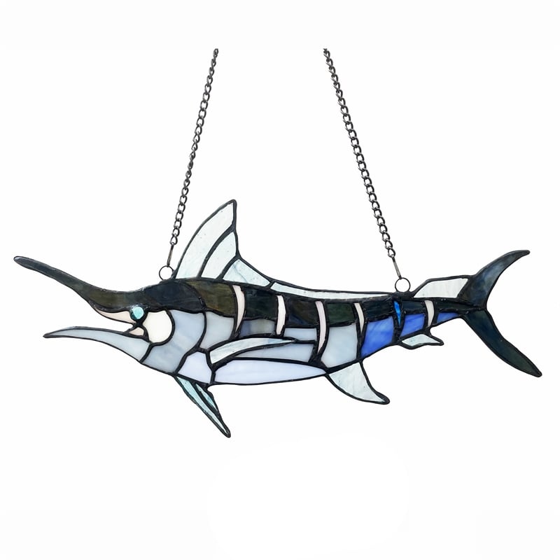 Chloe Lighting Animal Swordfish Design Glass & Metal Window Panel in Blue