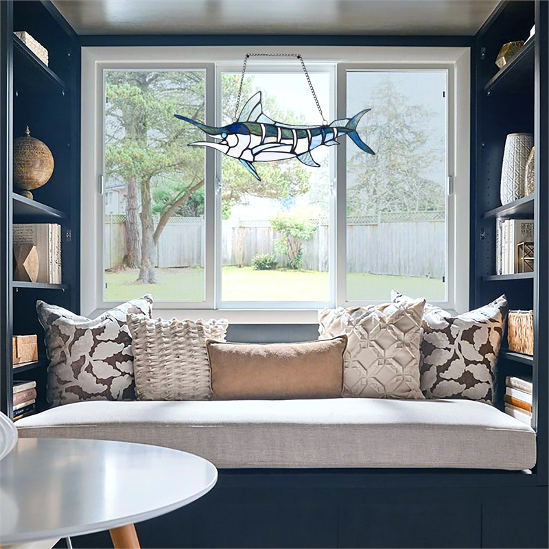 Chloe Lighting Animal Swordfish Design Glass & Metal Window Panel in Blue