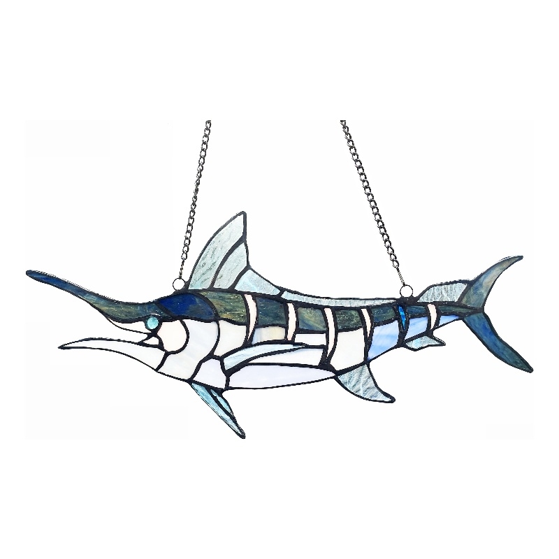 Chloe Lighting Animal Swordfish Design Glass & Metal Window Panel in Blue