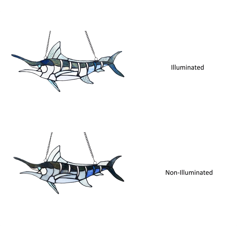 Chloe Lighting Animal Swordfish Design Glass & Metal Window Panel in Blue