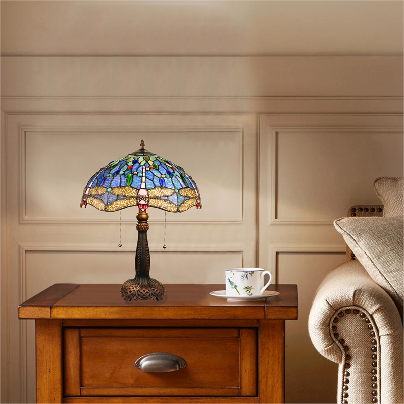 Chloe Lighting Dragonfly 2-Light Glass Table Lamp in Multi-Color