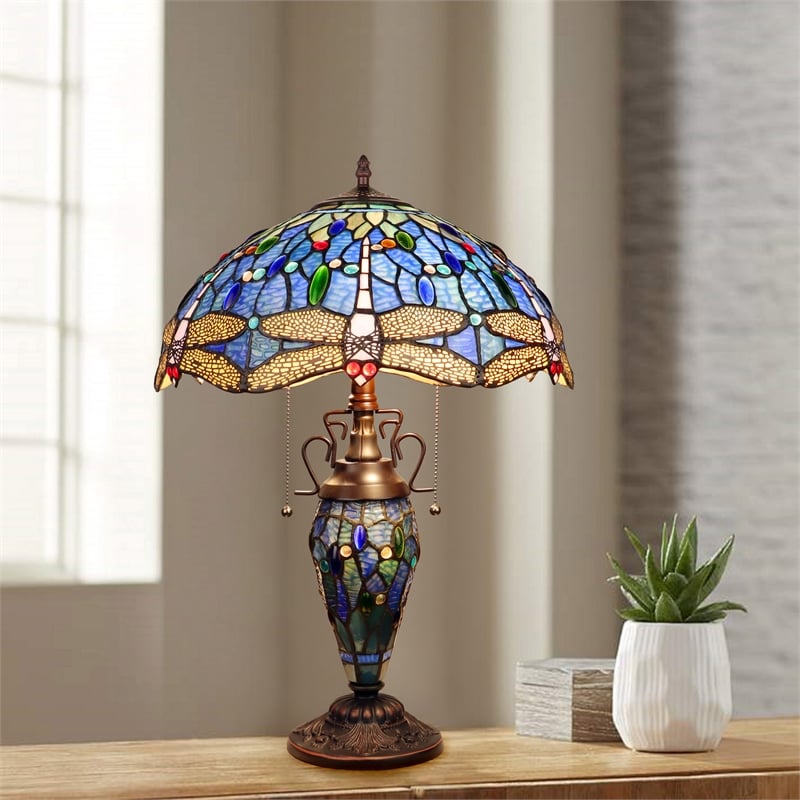 Chloe Lighting Dragonfly 3-Light Glass & Metal Table Lamp in Multi-Color