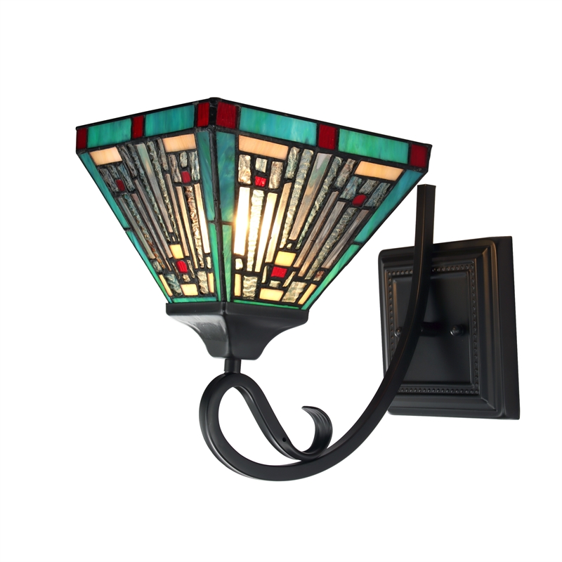 Chloe Lighting Innes Mission 1-Light Glass Wall Sconce in Blackish Bronze/Blue