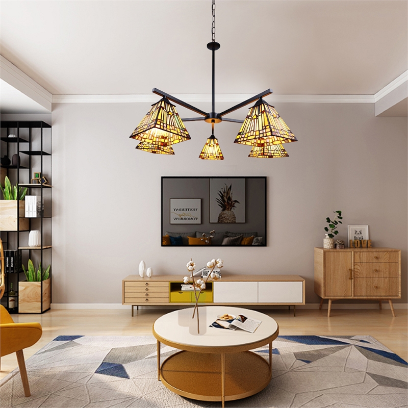 Chloe Lighting Kinsey Mission 5-Light Glass Large Chandelier in Multi-Color