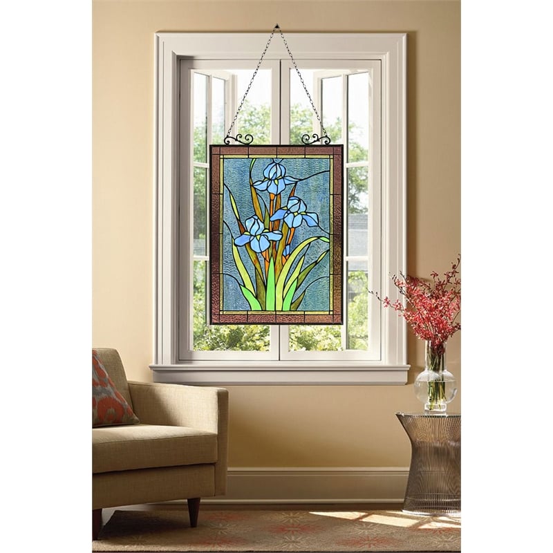 Chloe Lighting Blue Iris Floral Glass Verical Window Panel in Multi-Color