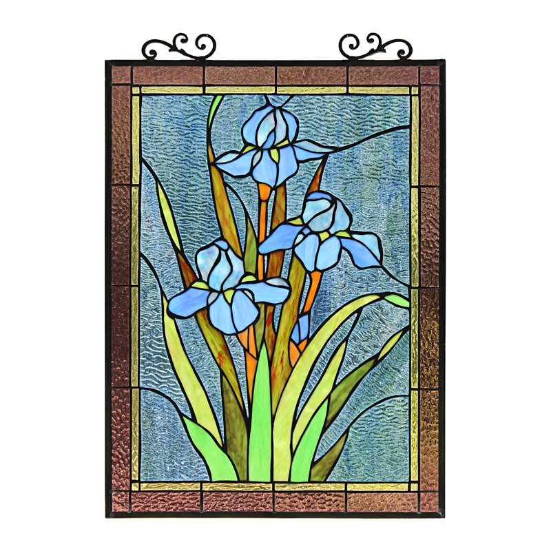 Chloe Lighting Blue Iris Floral Glass Verical Window Panel in Multi-Color