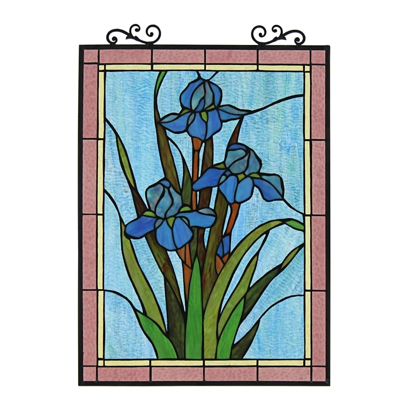 Chloe Lighting Blue Iris Floral Glass Verical Window Panel in Multi-Color