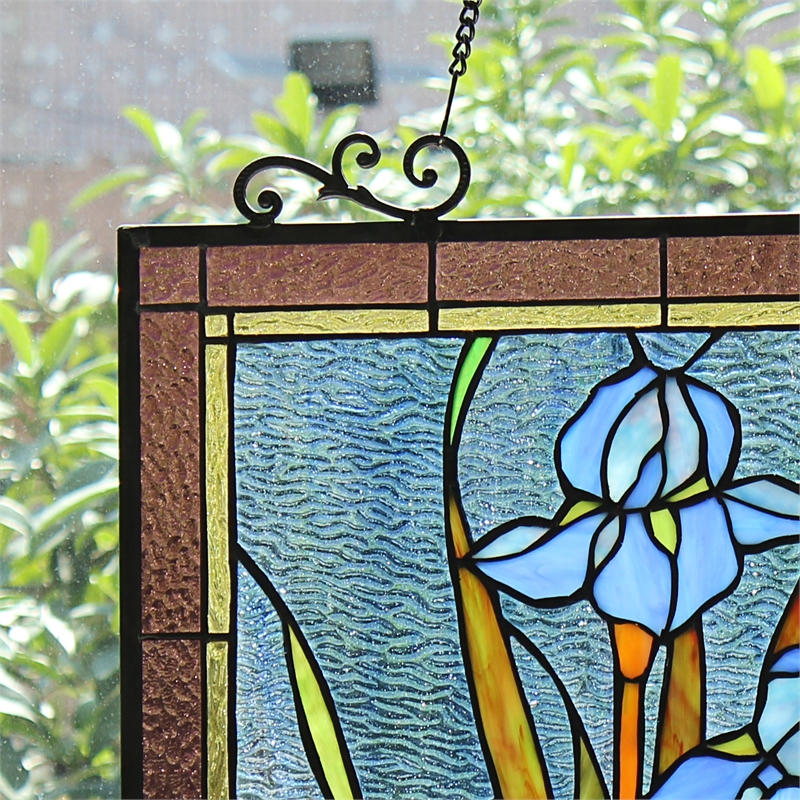 Chloe Lighting Blue Iris Floral Glass Verical Window Panel in Multi-Color