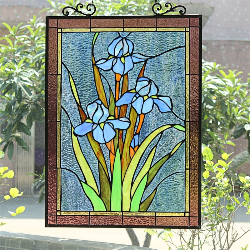 Chloe Lighting Blue Iris Floral Glass Verical Window Panel in Multi-Color