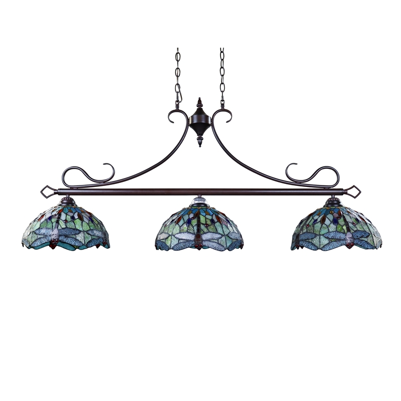 Chloe Lighting Empress Dragonfly 3-Light Glass Island Pendant in Multi-Color