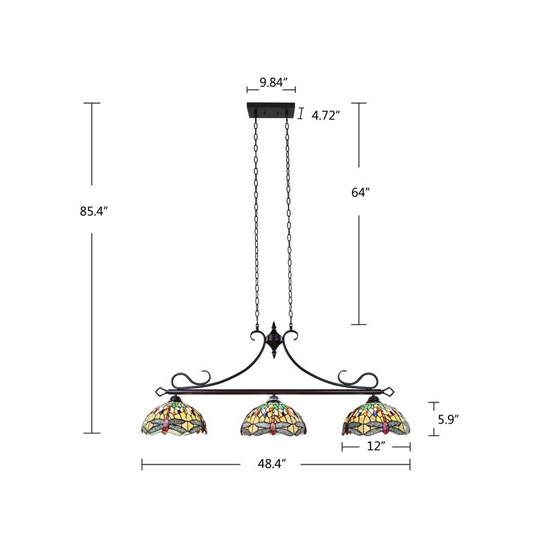 Chloe Lighting Empress Dragonfly 3-Light Glass Island Pendant in Multi-Color