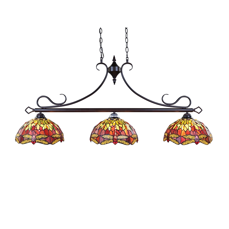 Chloe Lighting Empress Dragonfly 3-Light Glass Island Pendant in Dark Bronze