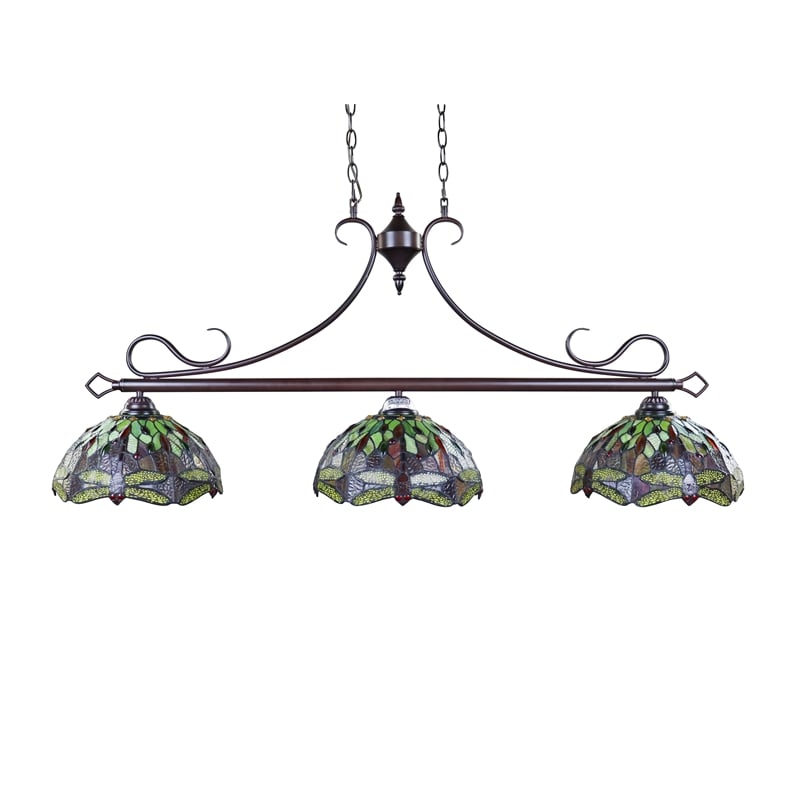 Chloe Lighting Empress Dragonfly 3-Light Glass Island Pendant in Dark Bronze