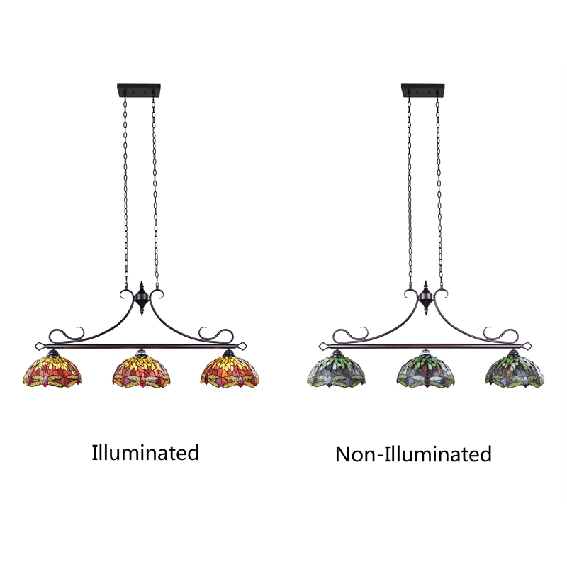 Chloe Lighting Empress Dragonfly 3-Light Glass Island Pendant in Dark Bronze