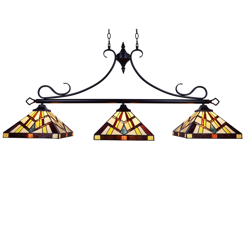 Chloe Lighting Vincent Mission 3-Light Glass Island Pendant - Multi-Color/Bronze