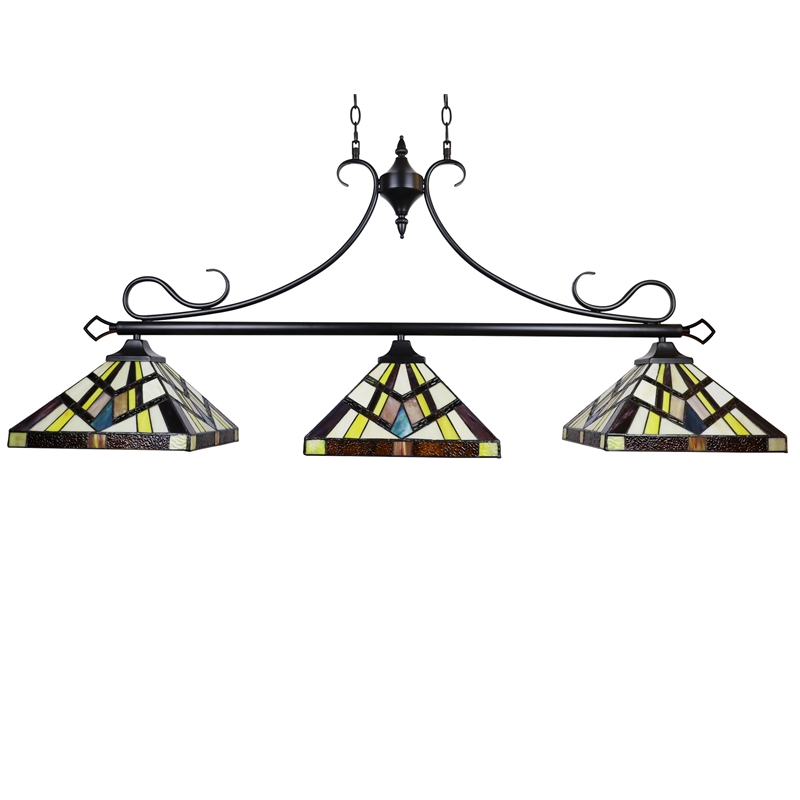 Chloe Lighting Vincent Mission 3-Light Glass Island Pendant - Multi-Color/Bronze