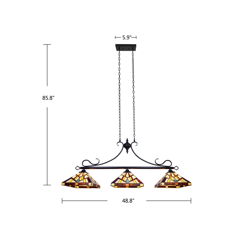 Chloe Lighting Vincent Mission 3-Light Glass Island Pendant - Multi-Color/Bronze