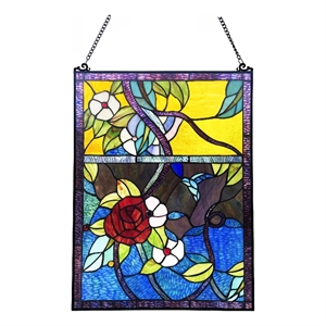 Chloe Lighting Rose 24&quot Floral Stained Glass Window Panel in Multi-Color