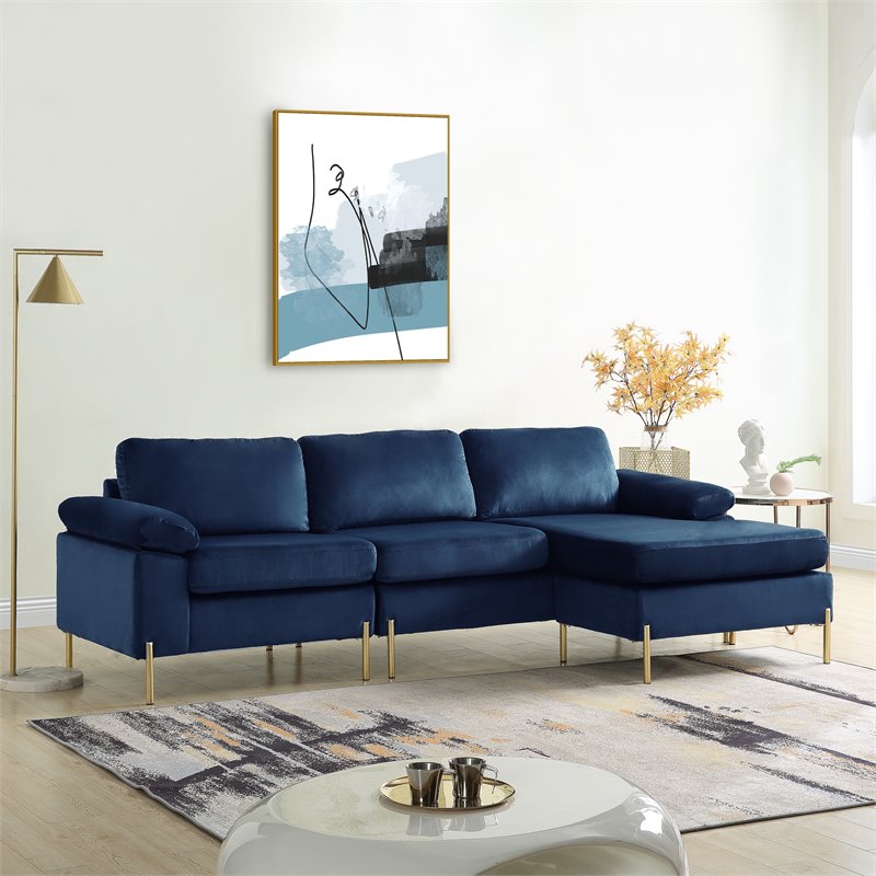 Devion Furniture Modern Velvet Sectional Sofa in Blue/Gold legs