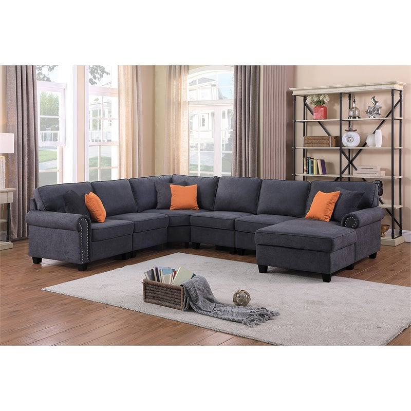 Devion Furniture Woven Fabric U-Shaped Sectional Sofa in Dark Gray