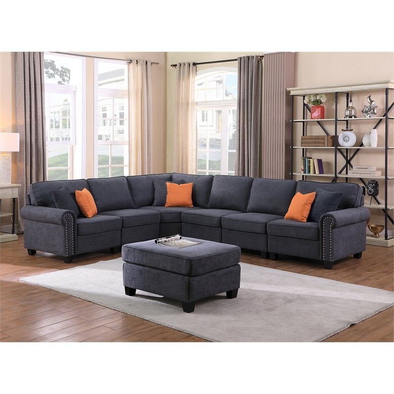 Devion Furniture Woven Fabric U-Shaped Sectional Sofa in Dark Gray
