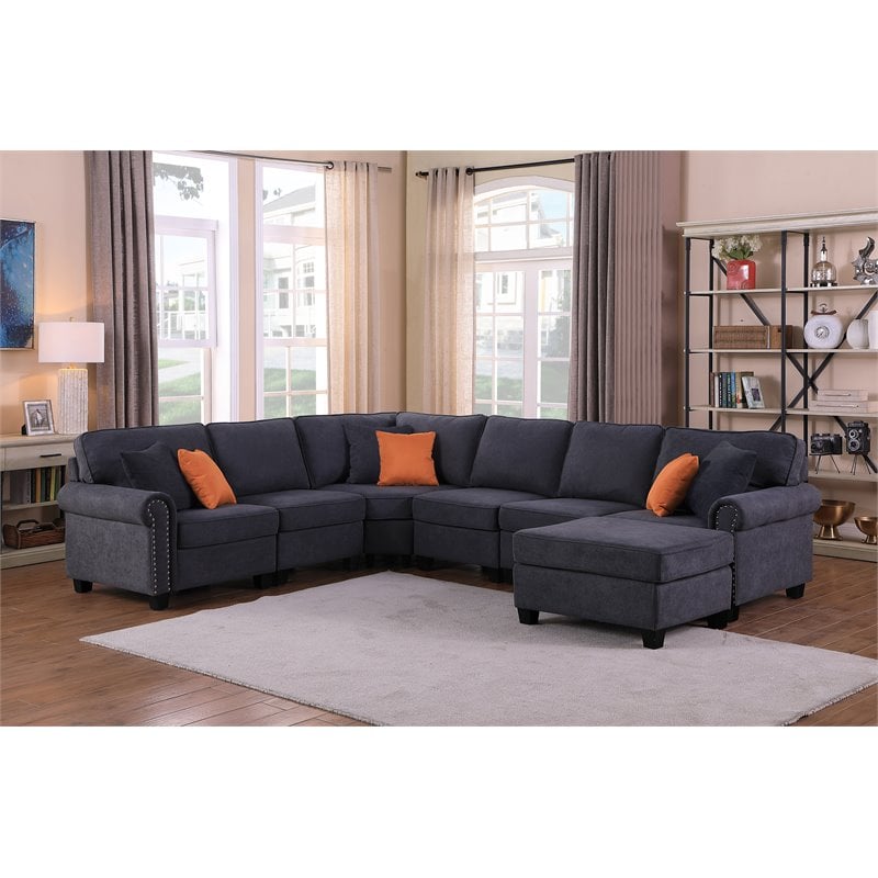 Devion Furniture Woven Fabric U-Shaped Sectional Sofa in Dark Gray