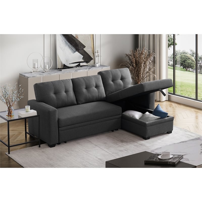 Devion Furniture Polyester Fabric Reversible Sleeper Sectional Sofa-Dark Gray