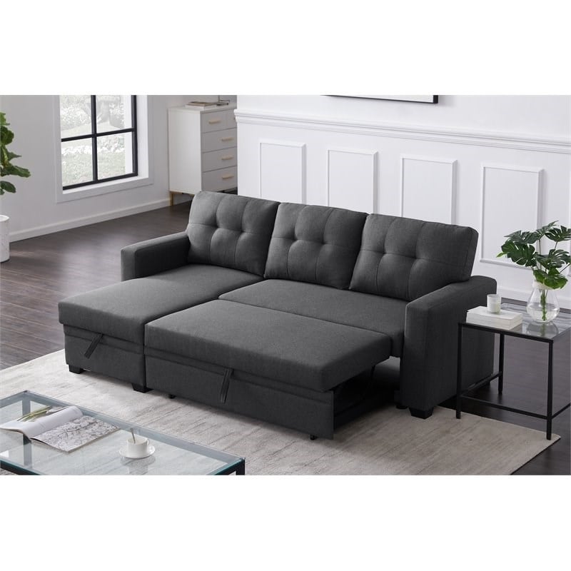 Devion Furniture Polyester Fabric Reversible Sleeper Sectional Sofa-Dark Gray