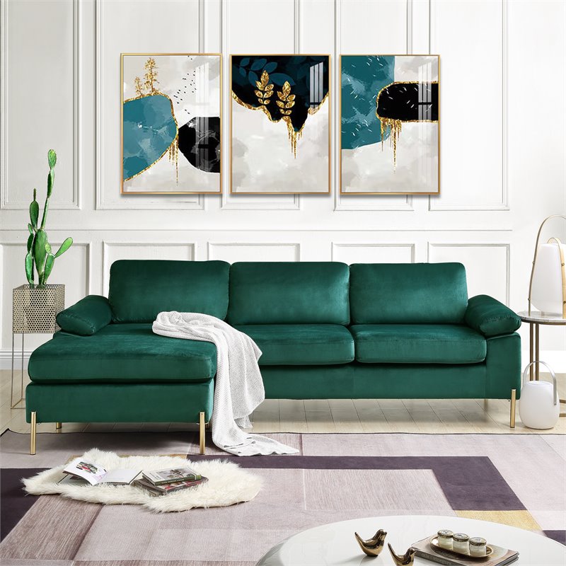 Devion Furniture Modern Velvet Sectional Sofa in Green/Gold legs