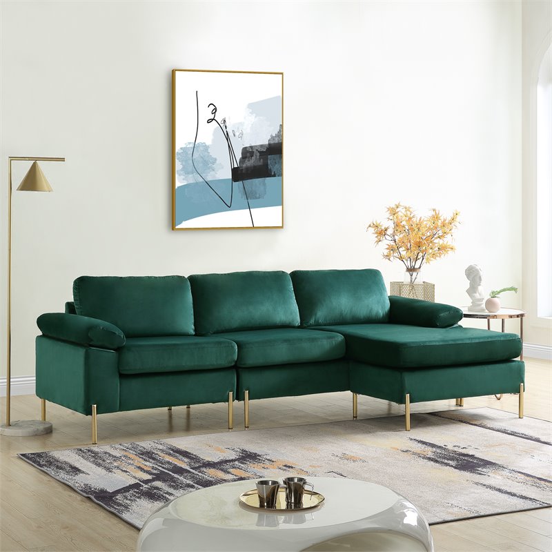 Devion Furniture Modern Velvet Sectional Sofa in Green/Gold legs